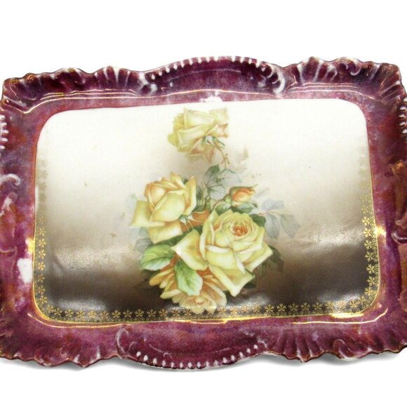 BAVARIA PORCELAIN Tray with Yellow Roses Scalloped Edges Germany Vintage - Picture 3 of 10